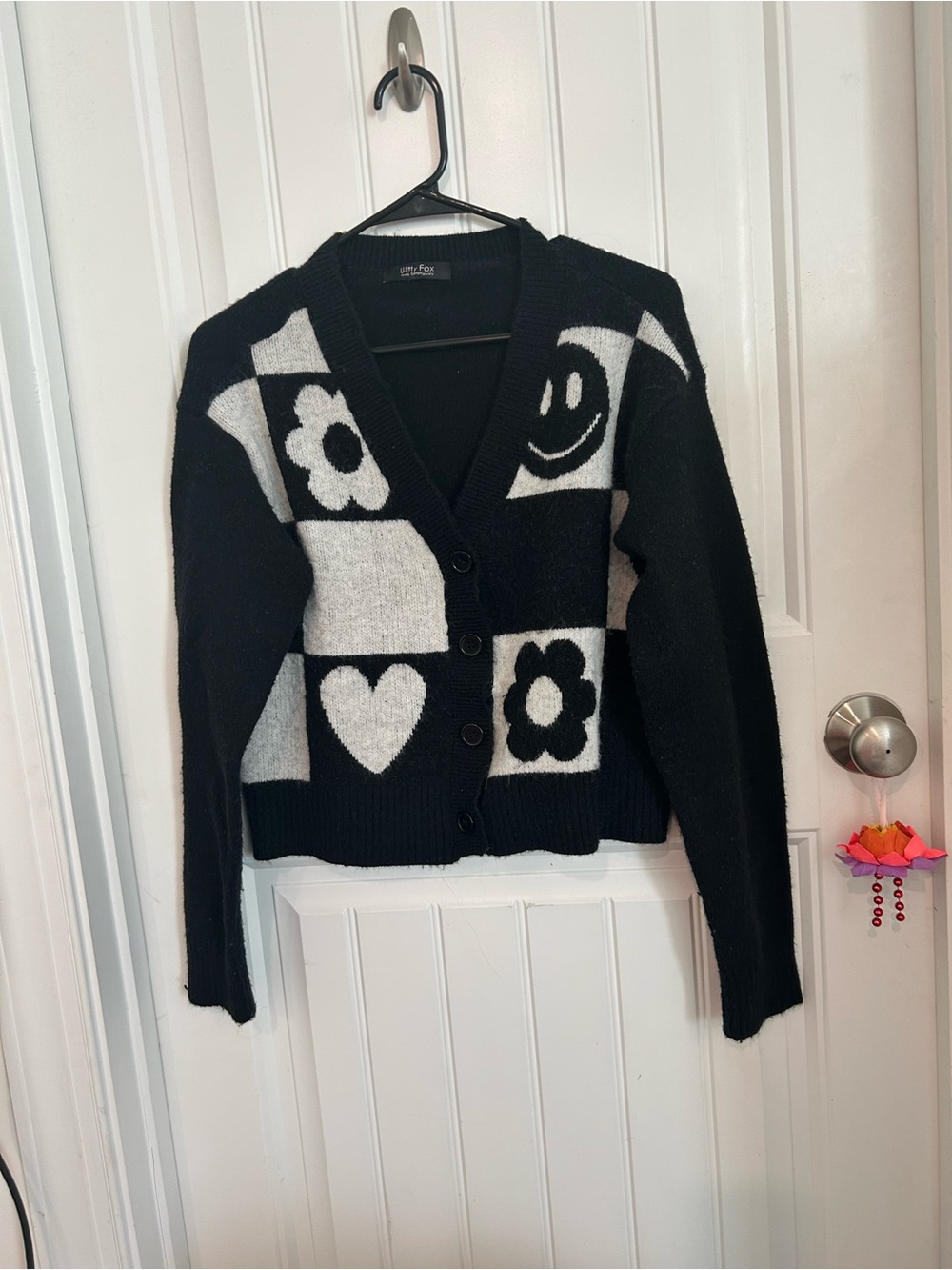Witty Fox Black and White Graphic Button-Up Sweater Cardigan